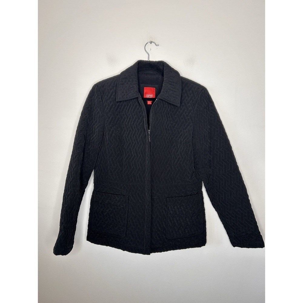ESPRIT Y2K Women's Black Quilted Jacket Lined Dress Coat Full Zip Pockets Small